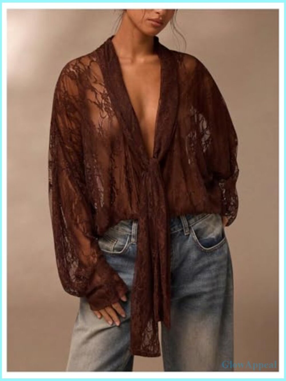 Lace Long Sleeve Sheer Mesh Top Tie Front Blouse